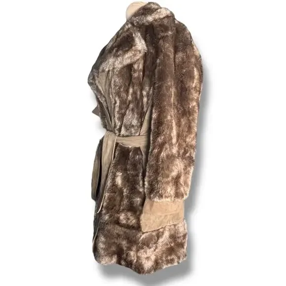 Vintage 70s Tocci England Faux Fur Suede Leather Belted Coat Burgundy Lined - Picture 6 of 16